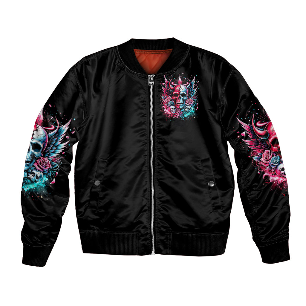 Couple Skull Bomber Jacket She Was And Angel Craving Chaos Demon Seeking Peace - Wonder Print Shop