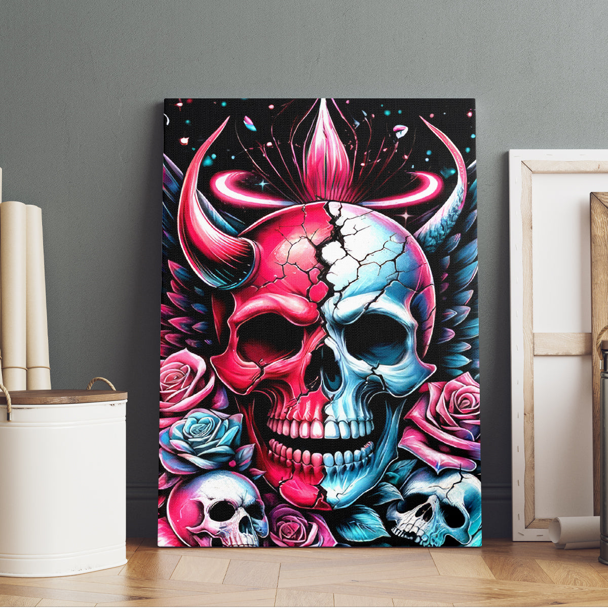 Couple Skull Canvas Wall Art She Was And Angel Craving Chaos Demon Seeking Peace - Wonder Print Shop