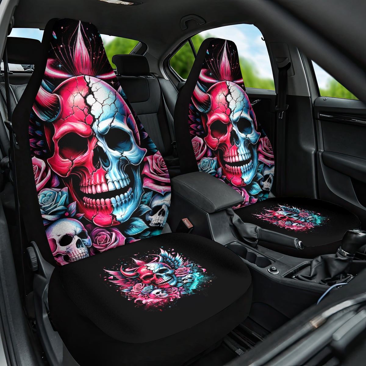 Couple Skull Car Seat Cover She Was And Angel Craving Chaos Demon Seeking Peace - Wonder Print Shop