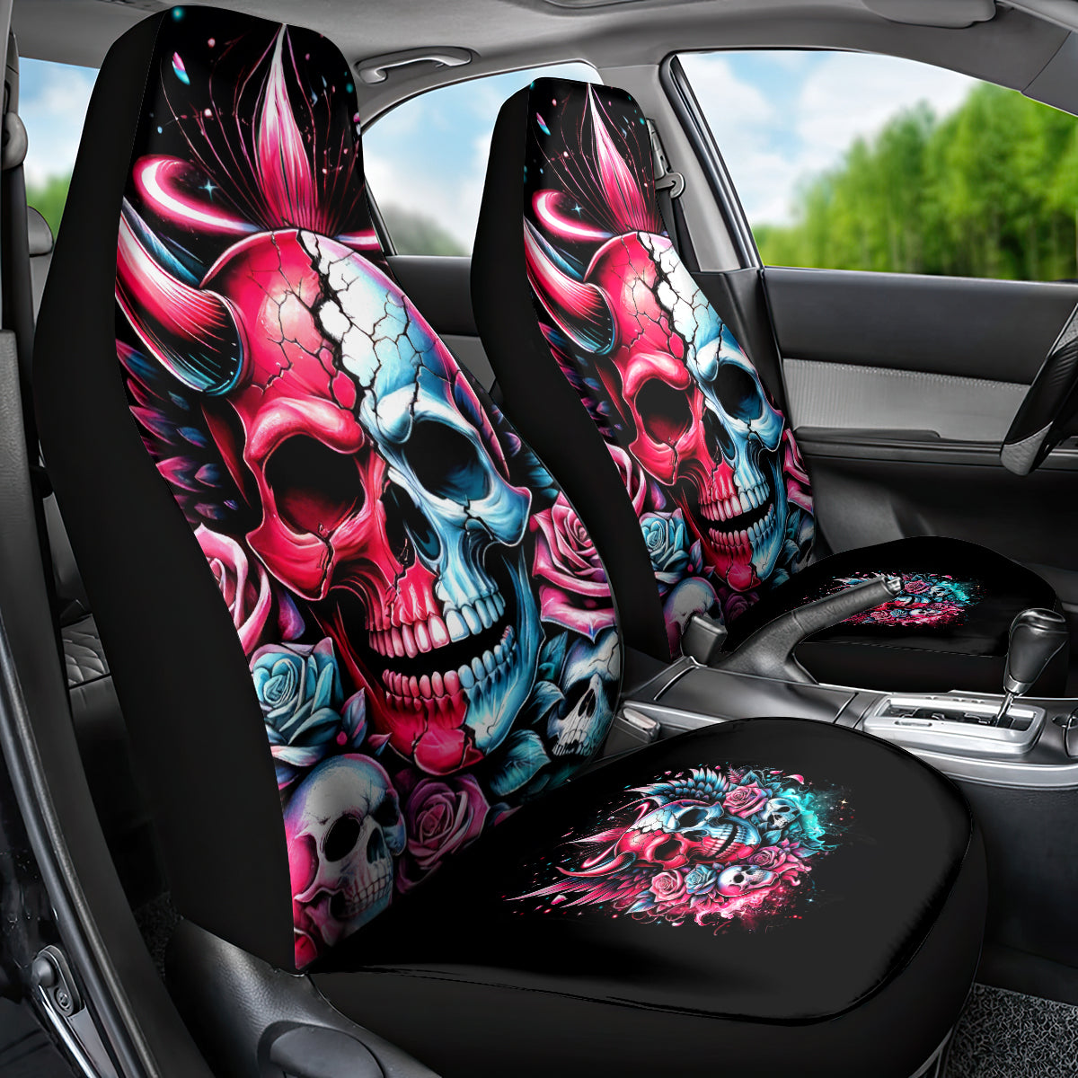 Couple Skull Car Seat Cover She Was And Angel Craving Chaos Demon Seeking Peace - Wonder Print Shop