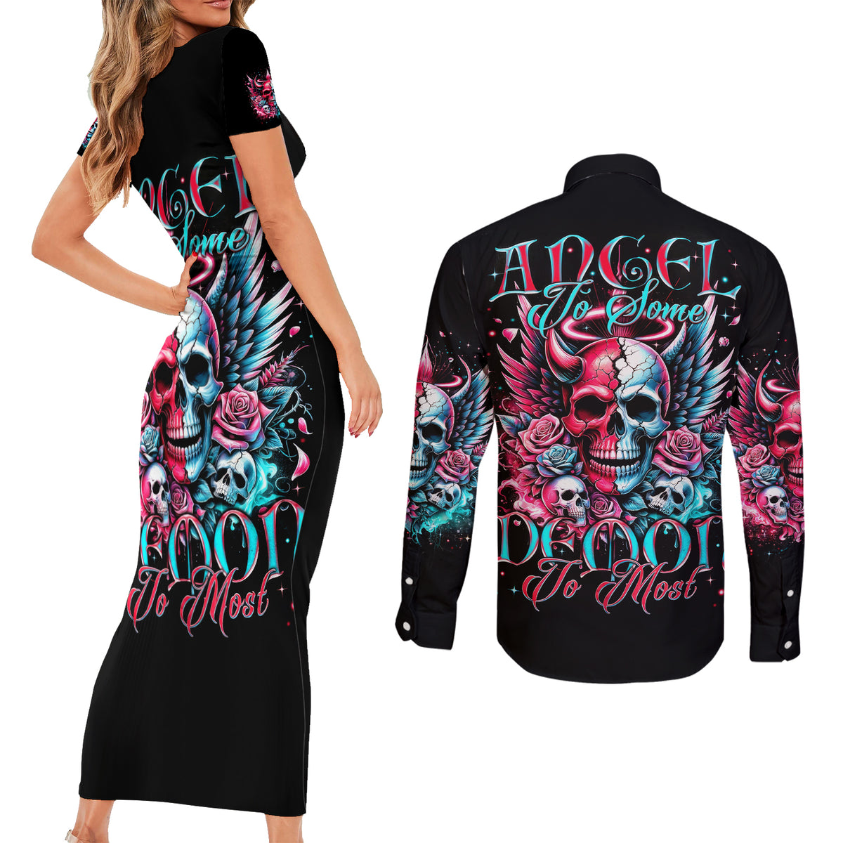 Couple Skull Couples Matching Short Sleeve Bodycon Dress and Long Sleeve Button Shirt She Was And Angel Craving Chaos Demon Seeking Peace - Wonder Print Shop