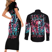 Couple Skull Couples Matching Short Sleeve Bodycon Dress and Long Sleeve Button Shirt She Was And Angel Craving Chaos Demon Seeking Peace - Wonder Print Shop
