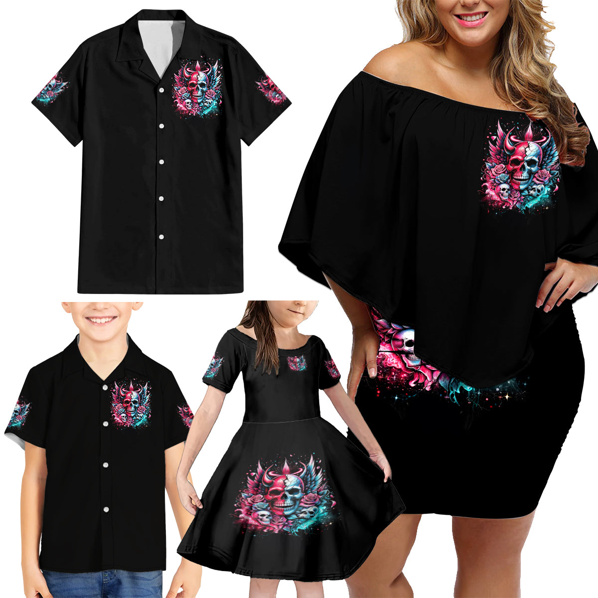 Couple Skull Family Matching Off Shoulder Short Dress and Hawaiian Shirt She Was And Angel Craving Chaos Demon Seeking Peace - Wonder Print Shop