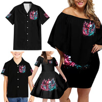 Couple Skull Family Matching Off Shoulder Short Dress and Hawaiian Shirt She Was And Angel Craving Chaos Demon Seeking Peace - Wonder Print Shop