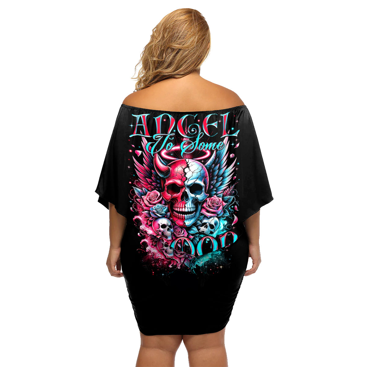 Couple Skull Family Matching Off Shoulder Short Dress and Hawaiian Shirt She Was And Angel Craving Chaos Demon Seeking Peace - Wonder Print Shop