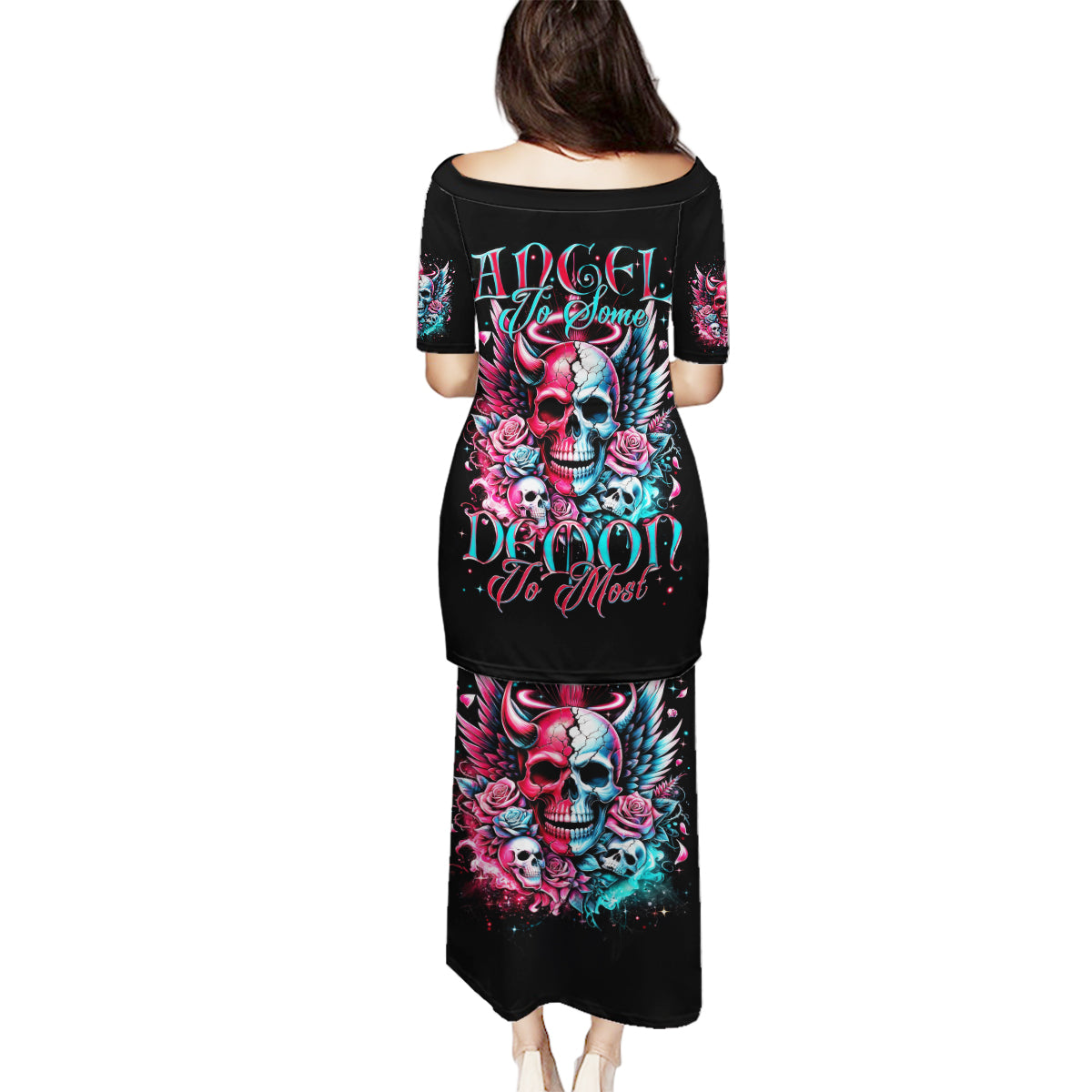 Couple Skull Family Matching Puletasi and Hawaiian Shirt She Was And Angel Craving Chaos Demon Seeking Peace - Wonder Print Shop