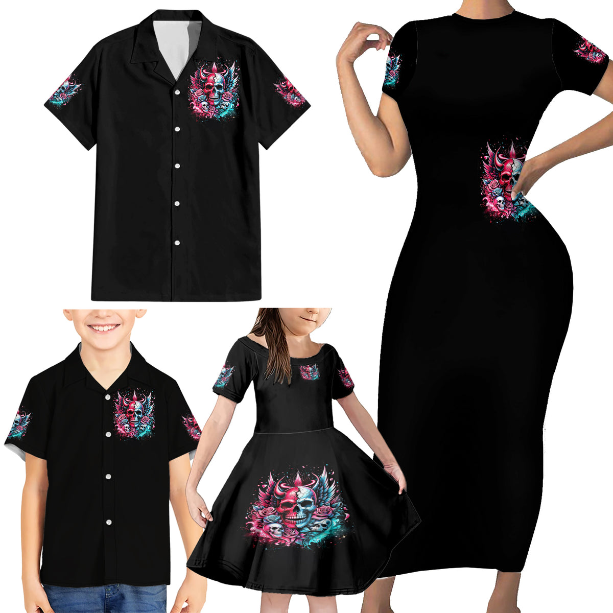 Couple Skull Family Matching Short Sleeve Bodycon Dress and Hawaiian Shirt She Was And Angel Craving Chaos Demon Seeking Peace - Wonder Print Shop