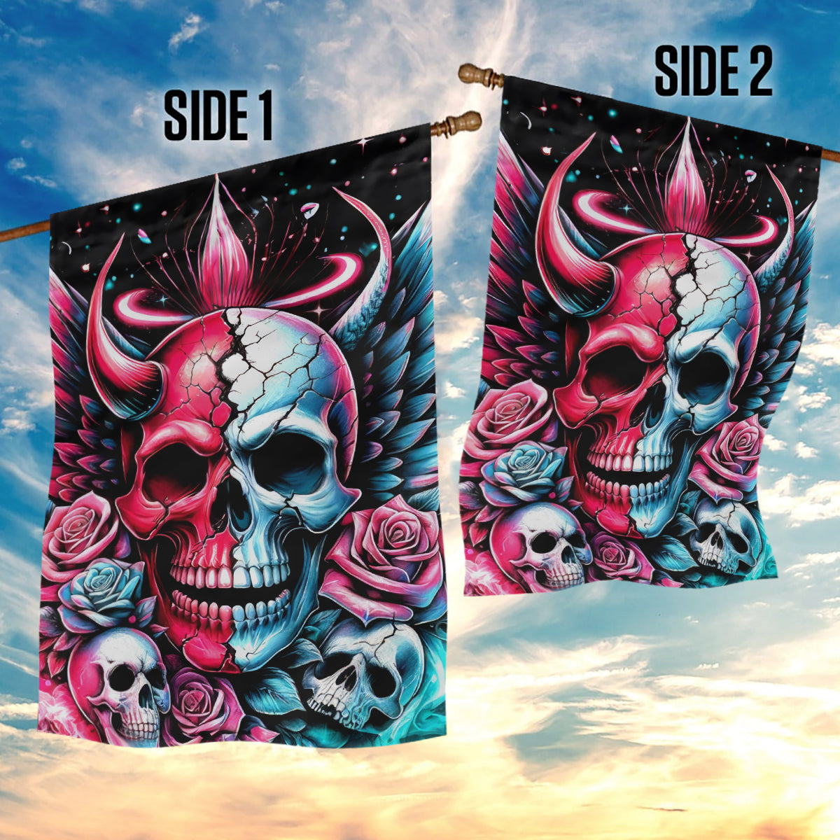 Couple Skull Garden Flag She Was And Angel Craving Chaos Demon Seeking Peace - Wonder Print Shop