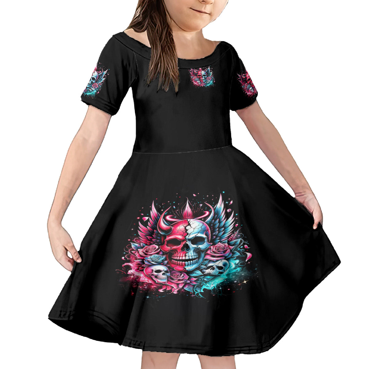 Couple Skull Kid Short Sleeve Dress She Was And Angel Craving Chaos Demon Seeking Peace - Wonder Print Shop