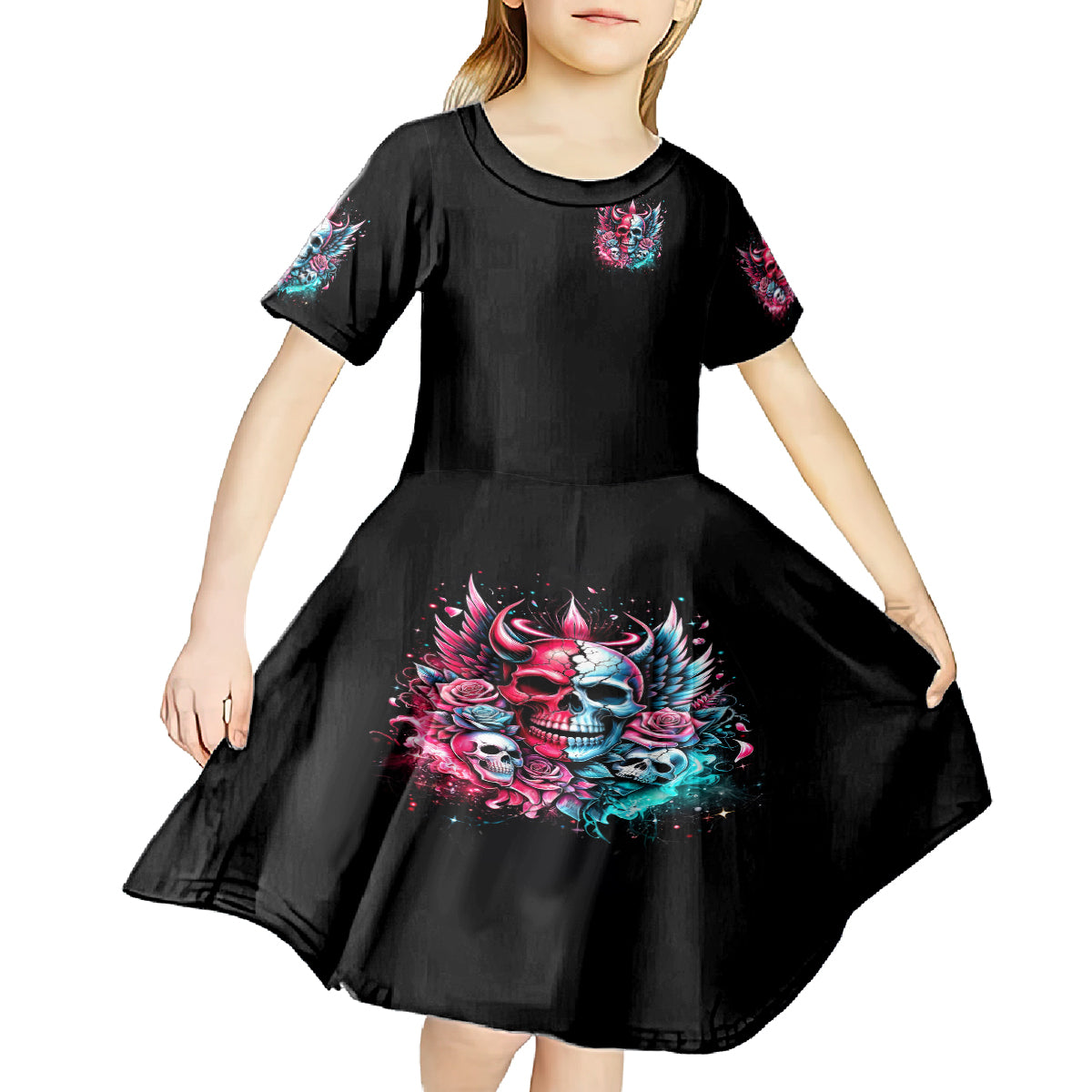 Couple Skull Kid Short Sleeve Dress She Was And Angel Craving Chaos Demon Seeking Peace - Wonder Print Shop
