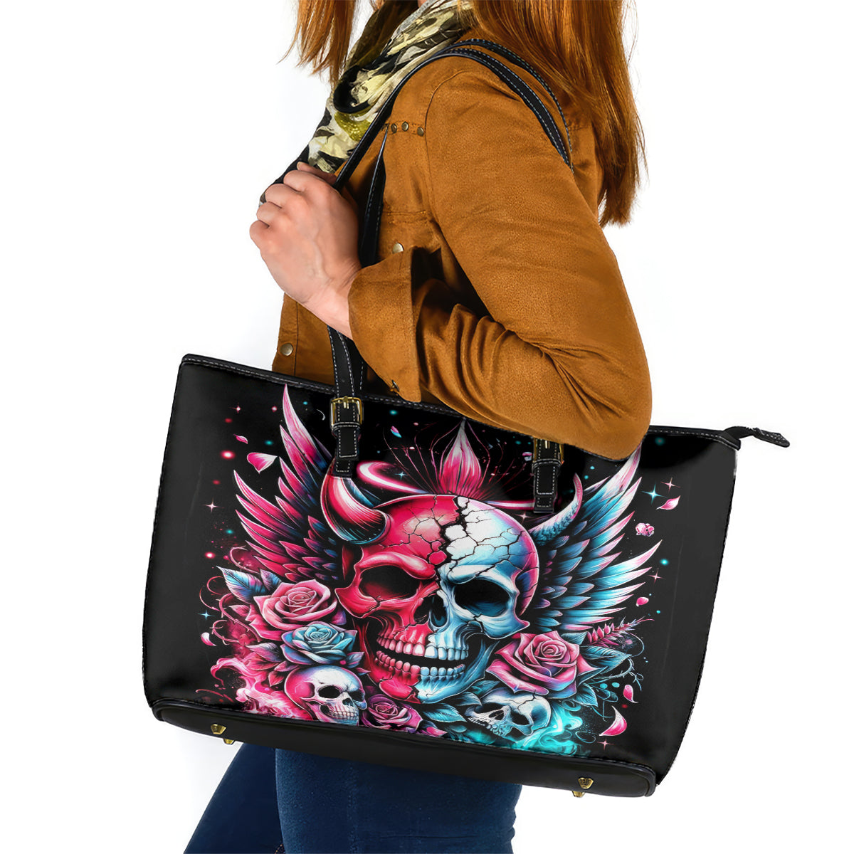 Couple Skull Leather Tote Bag She Was And Angel Craving Chaos Demon Seeking Peace - Wonder Print Shop