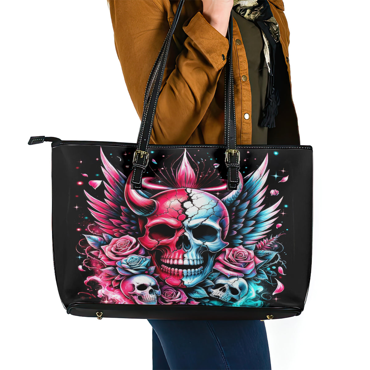 Couple Skull Leather Tote Bag She Was And Angel Craving Chaos Demon Seeking Peace - Wonder Print Shop