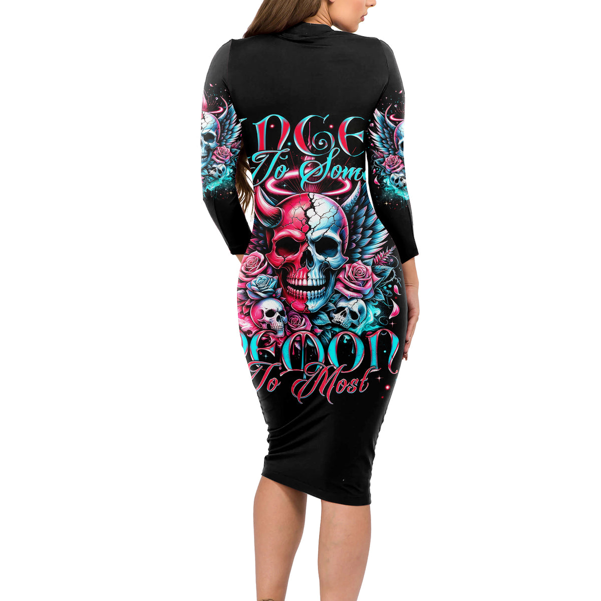 Couple Skull Long Sleeve Bodycon Dress She Was And Angel Craving Chaos Demon Seeking Peace - Wonder Print Shop