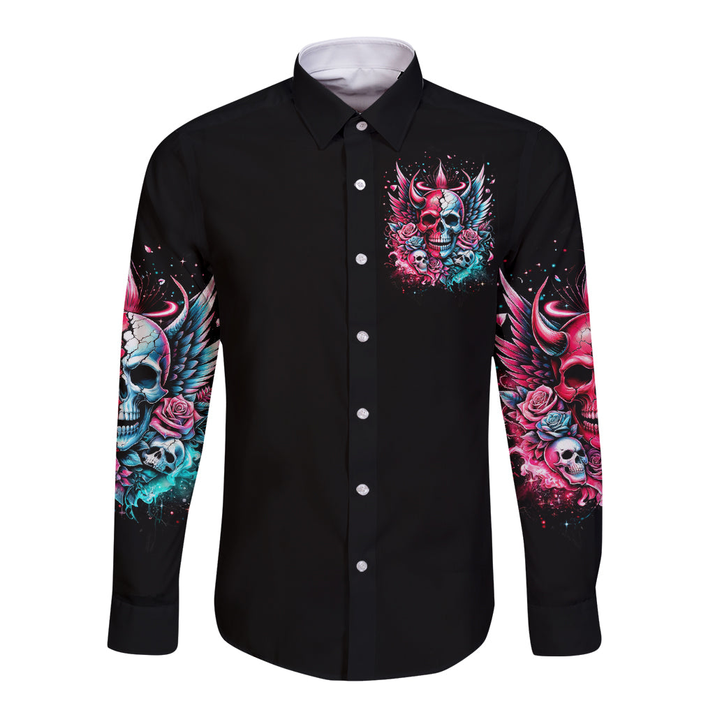 Couple Skull Long Sleeve Button Shirt She Was And Angel Craving Chaos Demon Seeking Peace - Wonder Print Shop