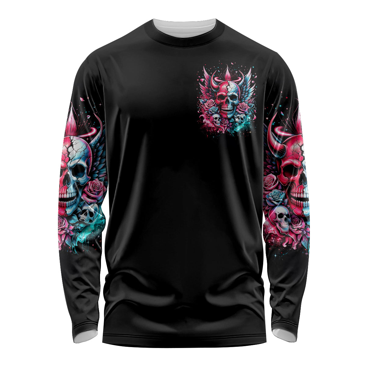 Couple Skull Long Sleeve Shirt She Was And Angel Craving Chaos Demon Seeking Peace - Wonder Print Shop