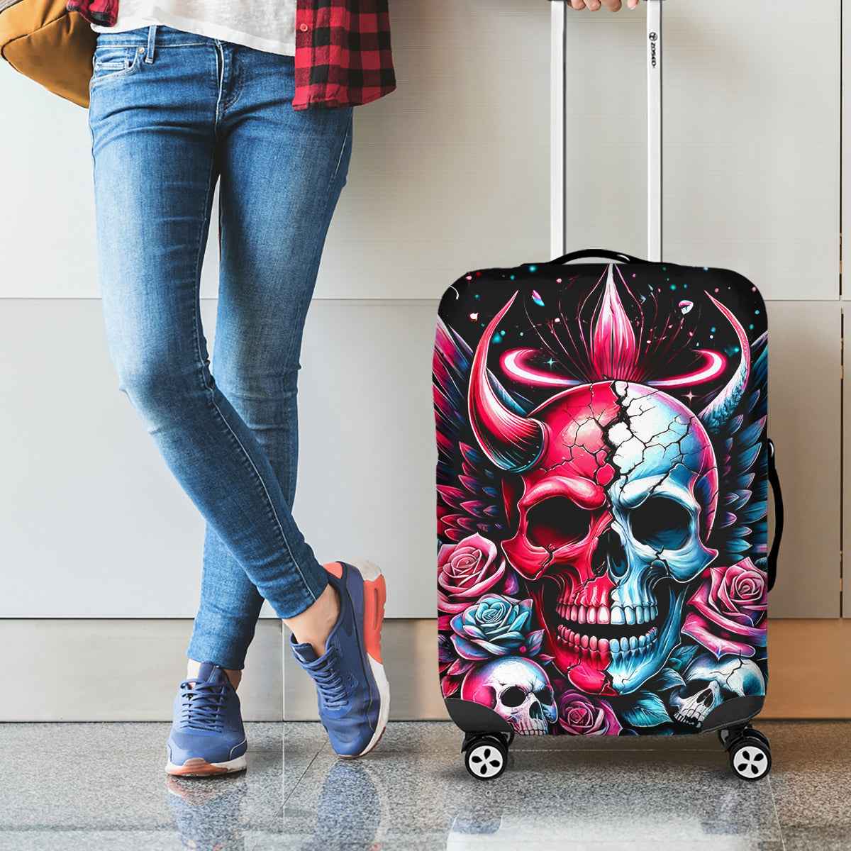 Couple Skull Luggage Cover She Was And Angel Craving Chaos Demon Seeking Peace - Wonder Print Shop
