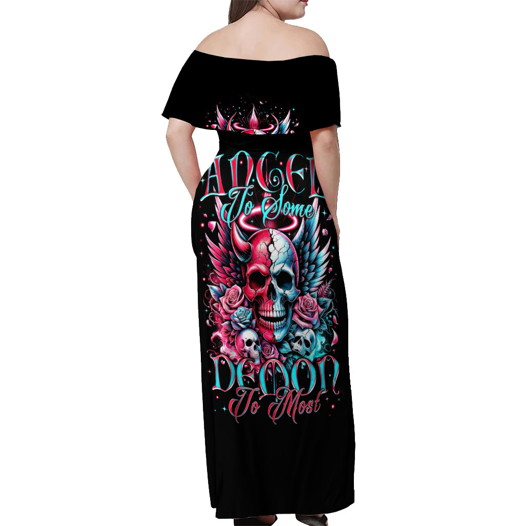 Couple Skull Off Shoulder Maxi Dress She Was And Angel Craving Chaos Demon Seeking Peace - Wonder Print Shop