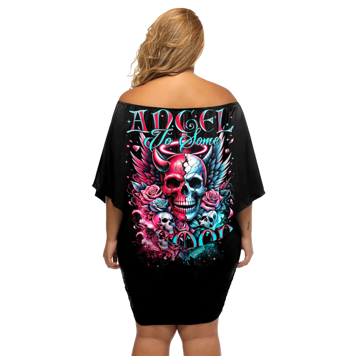 Couple Skull Off Shoulder Short Dress She Was And Angel Craving Chaos Demon Seeking Peace - Wonder Print Shop