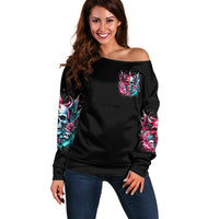 Couple Skull Off Shoulder Sweater She Was And Angel Craving Chaos Demon Seeking Peace - Wonder Print Shop