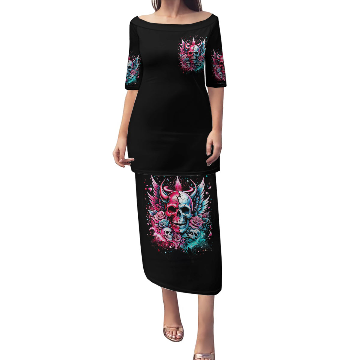 Couple Skull Puletasi She Was And Angel Craving Chaos Demon Seeking Peace - Wonder Print Shop