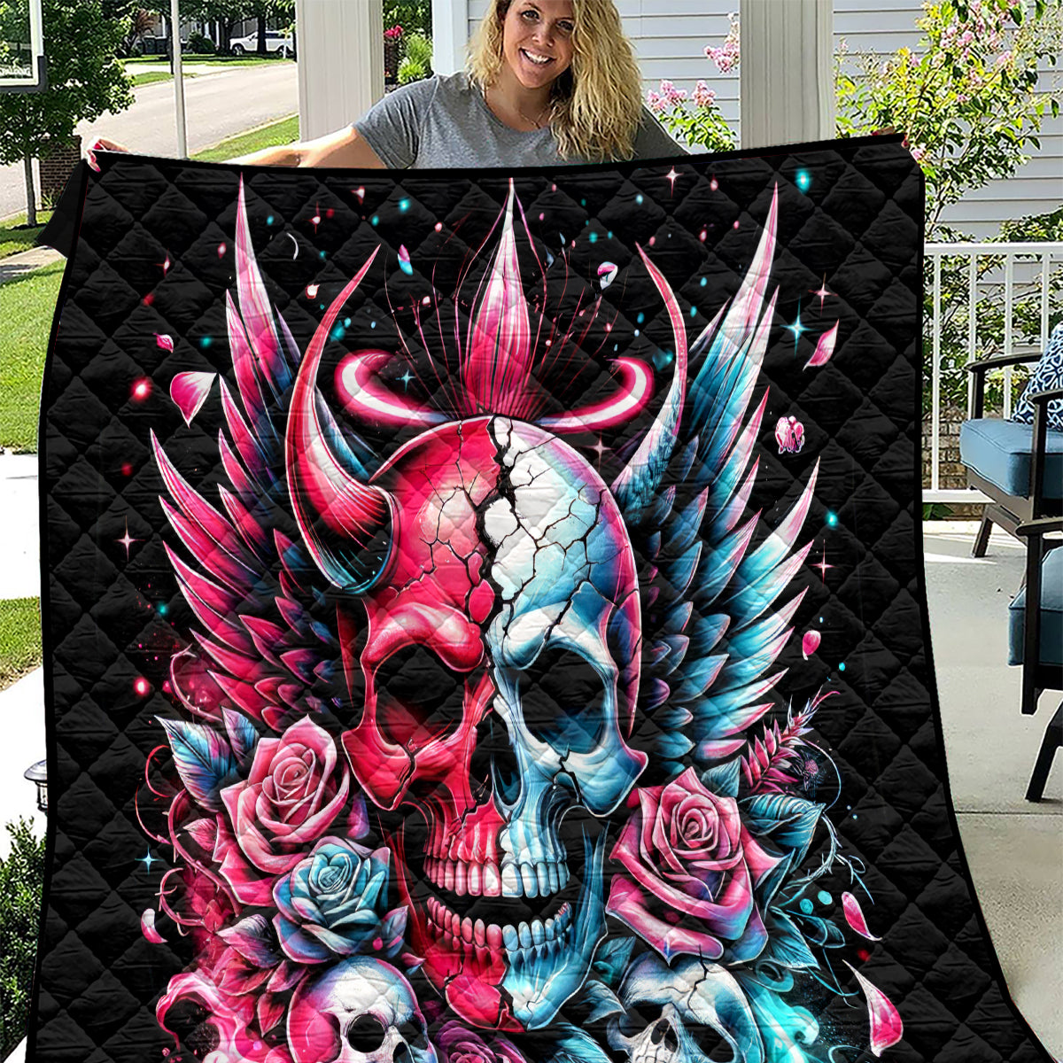 Couple Skull Quilt She Was And Angel Craving Chaos Demon Seeking Peace - Wonder Print Shop