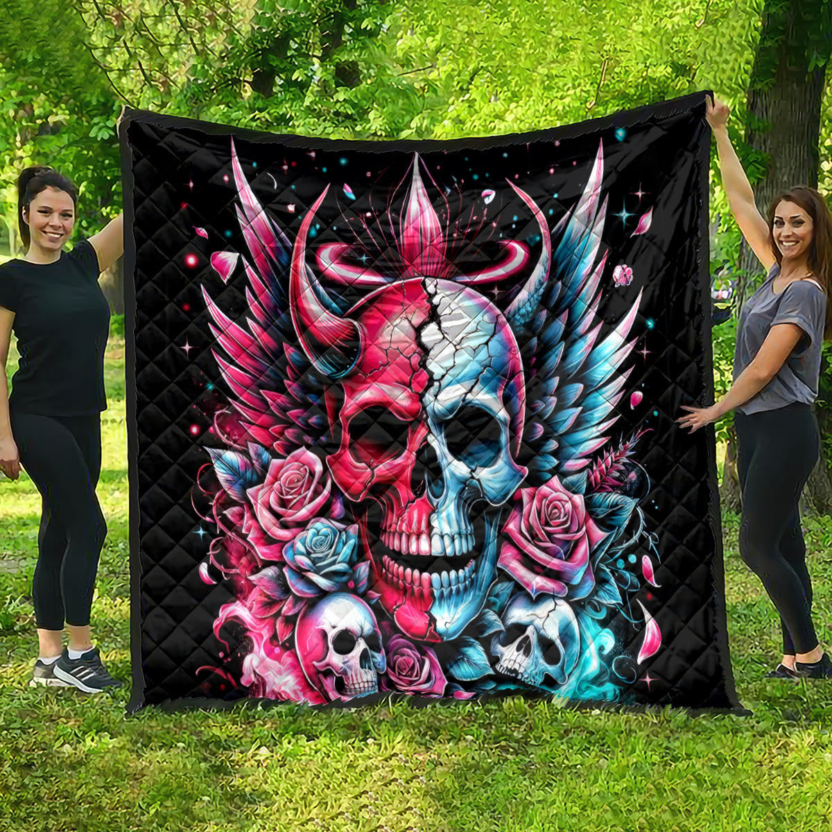 Couple Skull Quilt She Was And Angel Craving Chaos Demon Seeking Peace - Wonder Print Shop