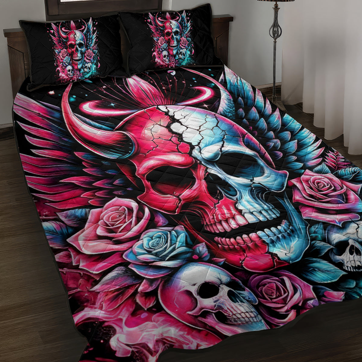 Couple Skull Quilt Bed Set She Was And Angel Craving Chaos Demon Seeking Peace - Wonder Print Shop
