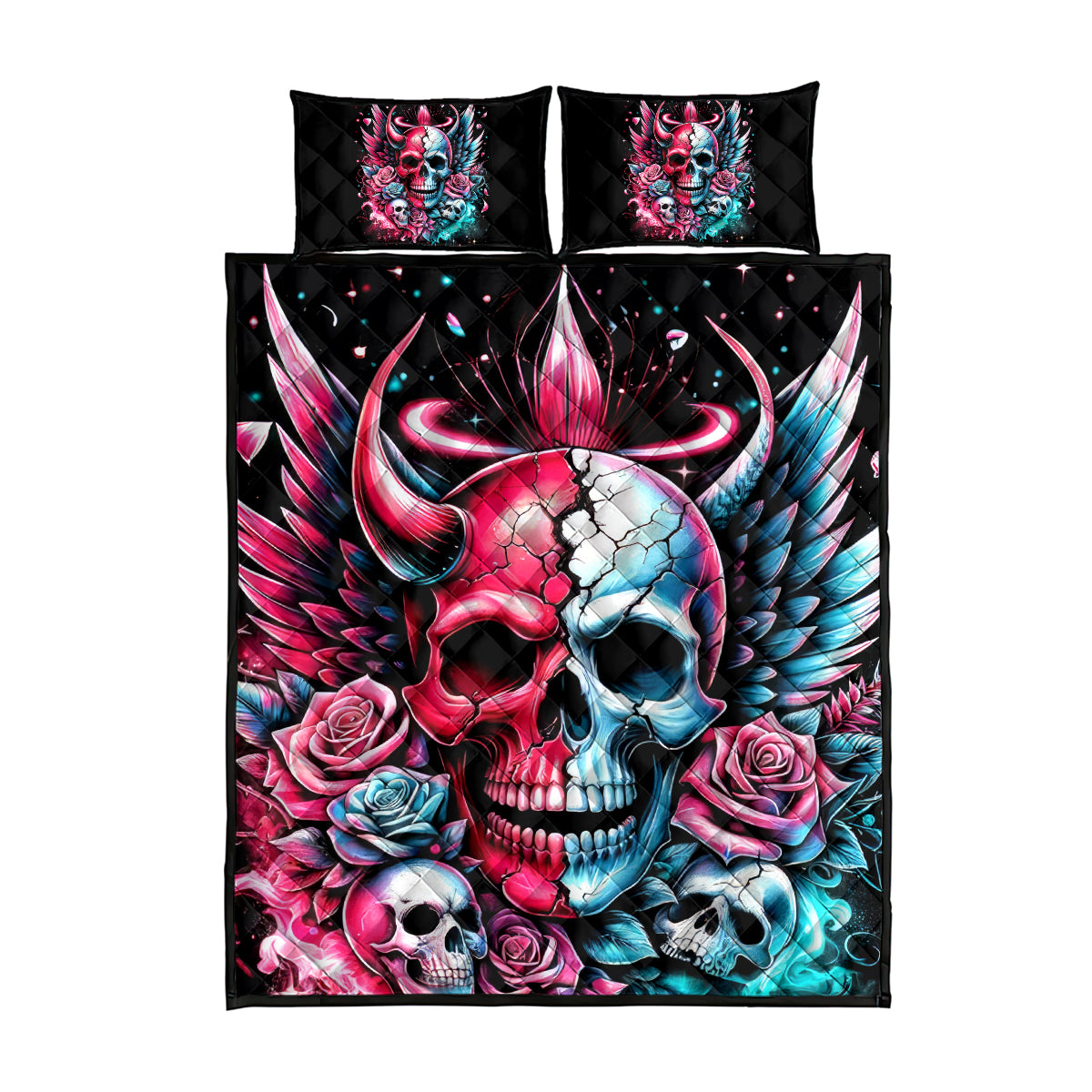 Couple Skull Quilt Bed Set She Was And Angel Craving Chaos Demon Seeking Peace - Wonder Print Shop