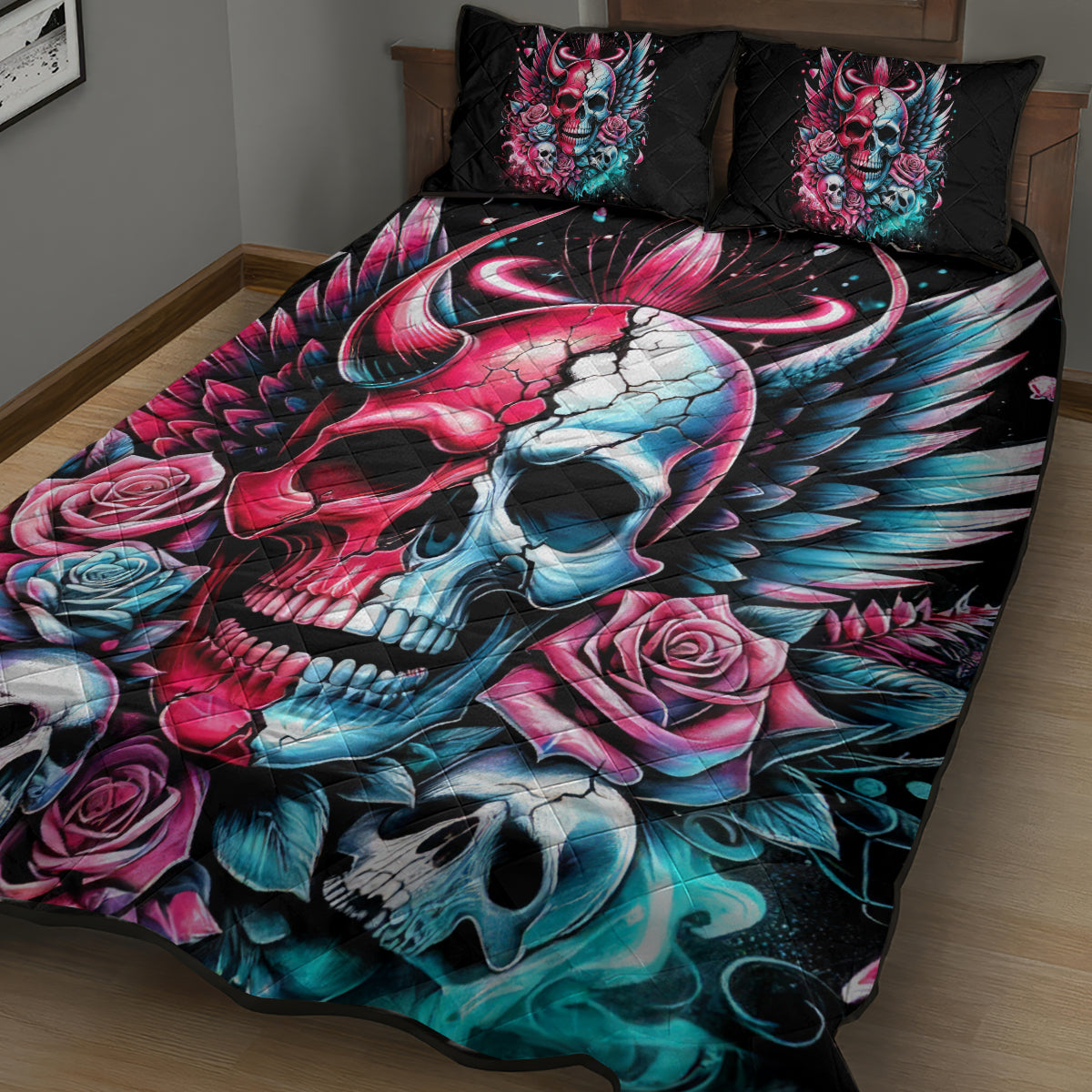 Couple Skull Quilt Bed Set She Was And Angel Craving Chaos Demon Seeking Peace - Wonder Print Shop