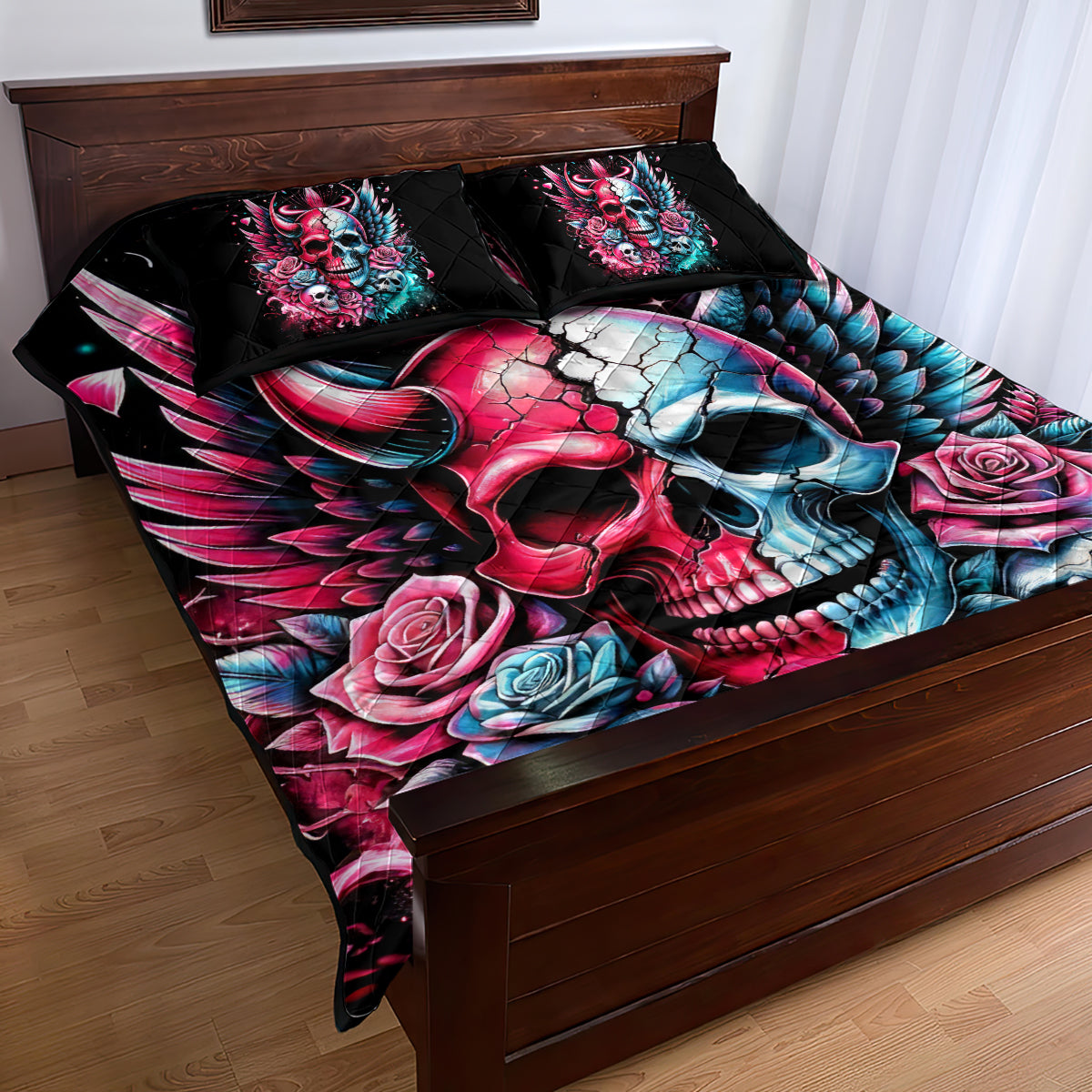 Couple Skull Quilt Bed Set She Was And Angel Craving Chaos Demon Seeking Peace - Wonder Print Shop