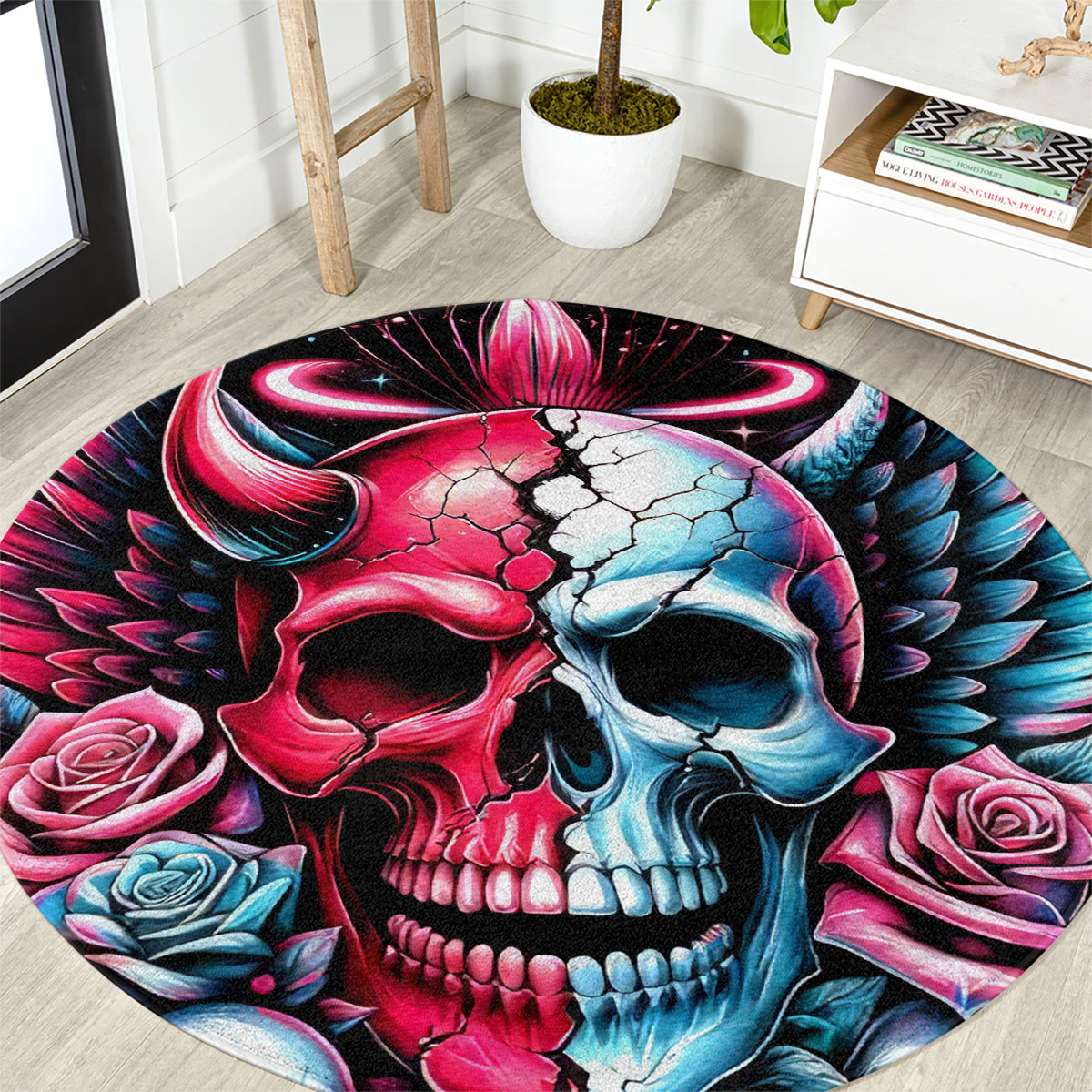 Couple Skull Round Carpet She Was And Angel Craving Chaos Demon Seeking Peace