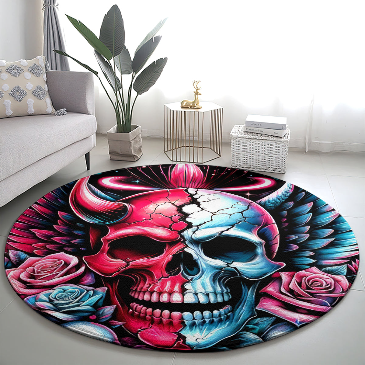 Couple Skull Round Carpet She Was And Angel Craving Chaos Demon Seeking Peace