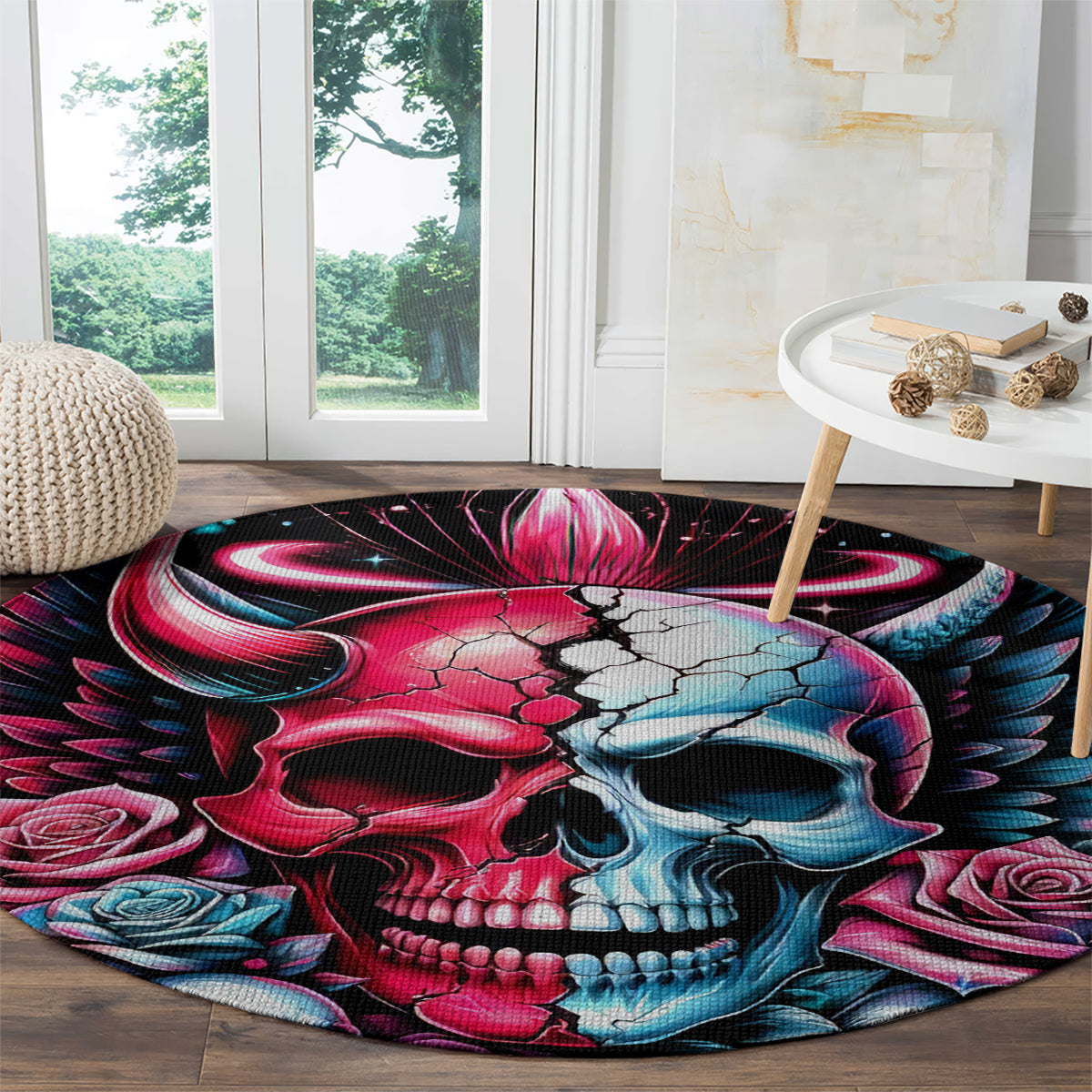 Couple Skull Round Carpet She Was And Angel Craving Chaos Demon Seeking Peace