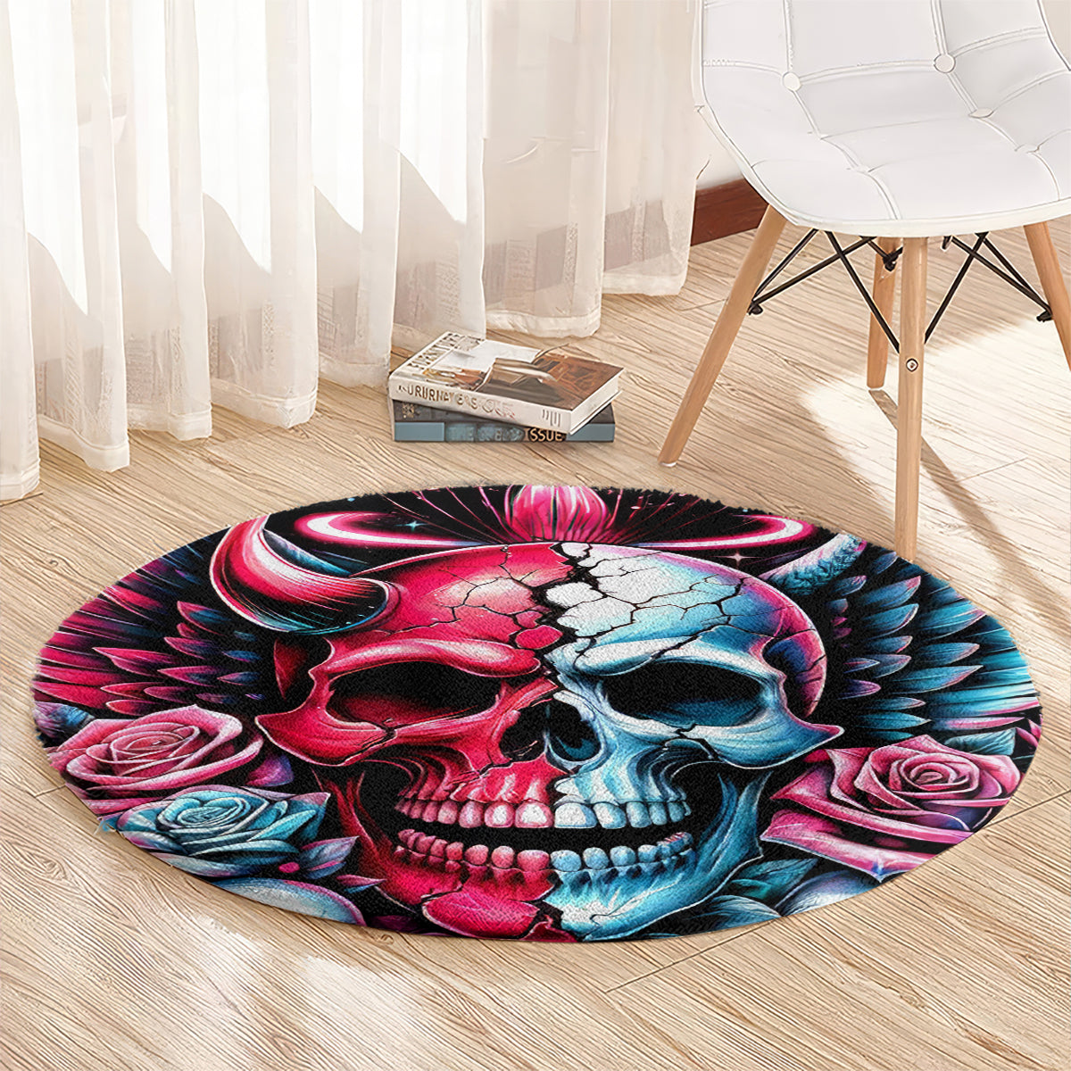Couple Skull Round Carpet She Was And Angel Craving Chaos Demon Seeking Peace