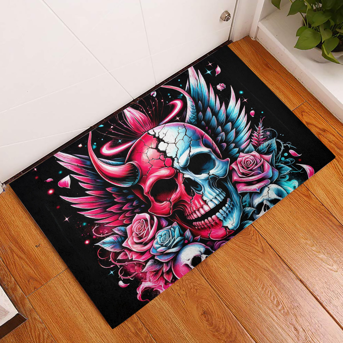 Couple Skull Rubber Doormat She Was And Angel Craving Chaos Demon Seeking Peace - Wonder Print Shop