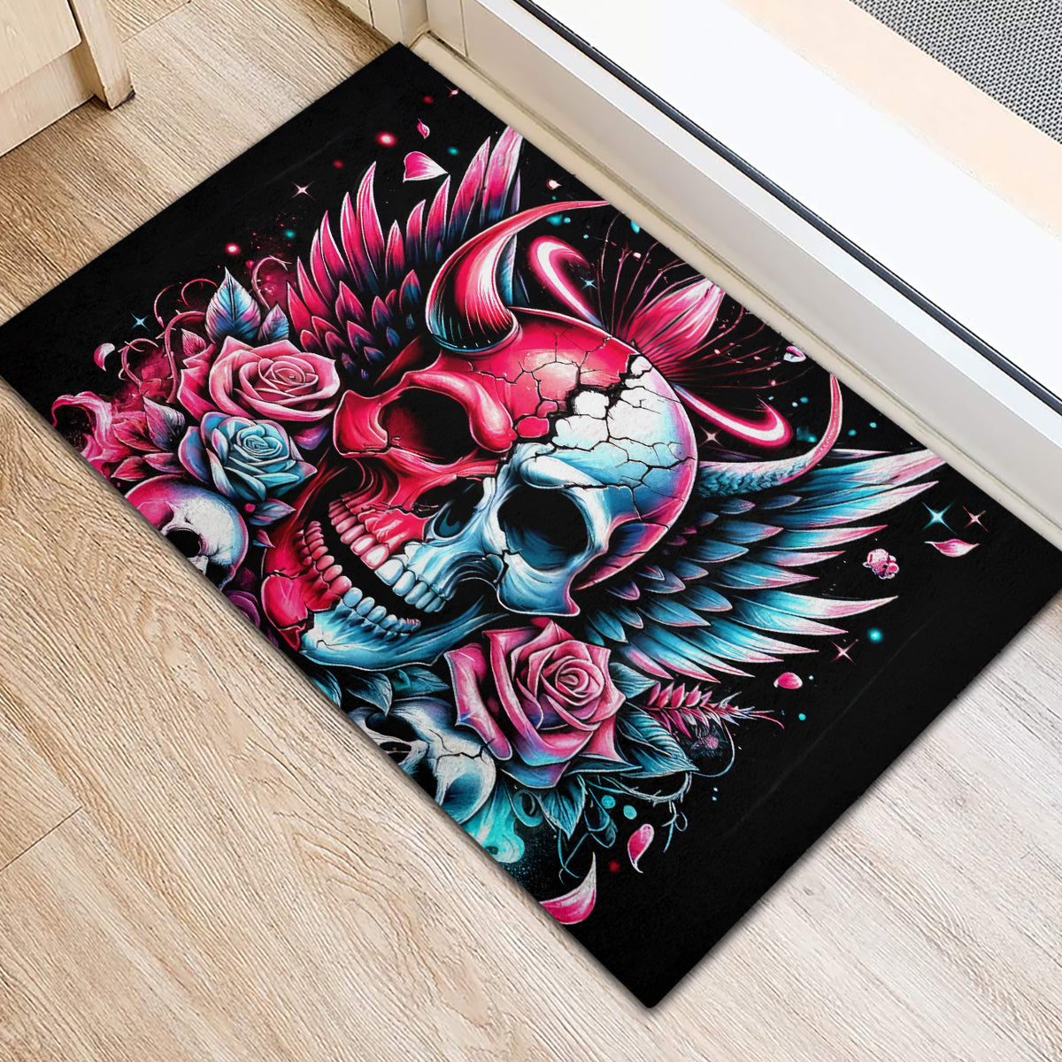 Couple Skull Rubber Doormat She Was And Angel Craving Chaos Demon Seeking Peace - Wonder Print Shop