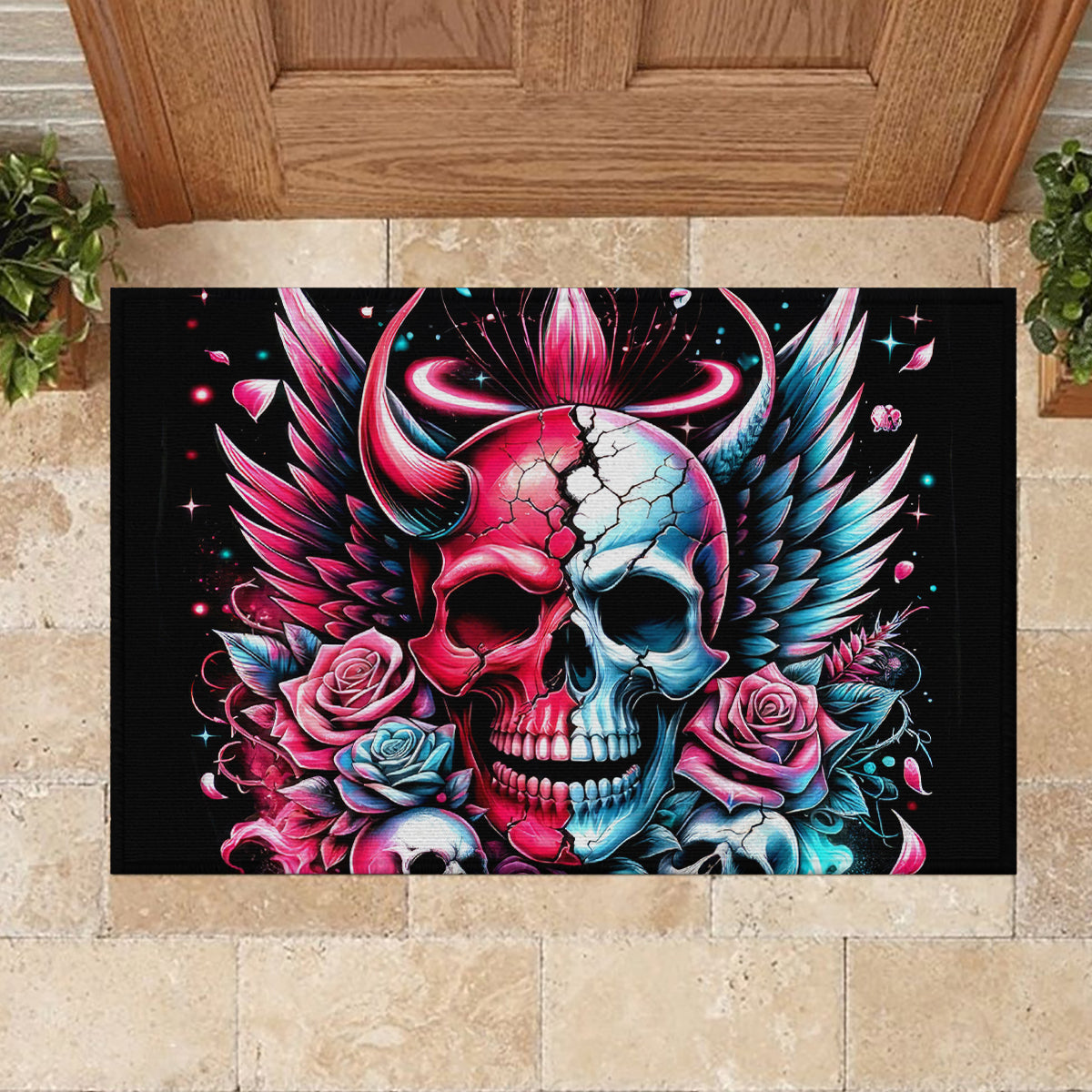 Couple Skull Rubber Doormat She Was And Angel Craving Chaos Demon Seeking Peace - Wonder Print Shop