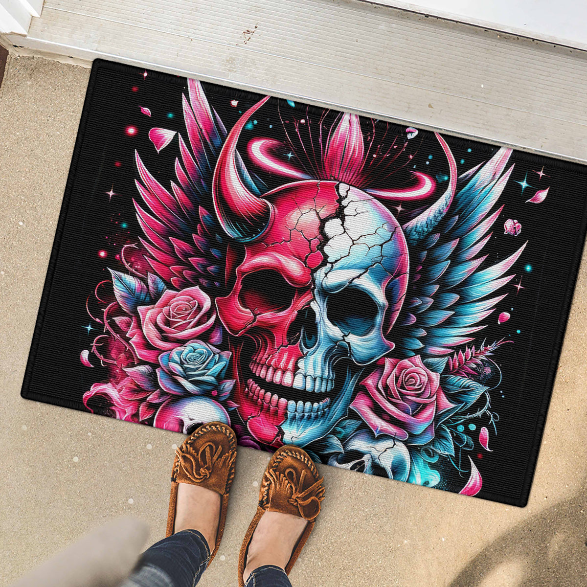 Couple Skull Rubber Doormat She Was And Angel Craving Chaos Demon Seeking Peace - Wonder Print Shop