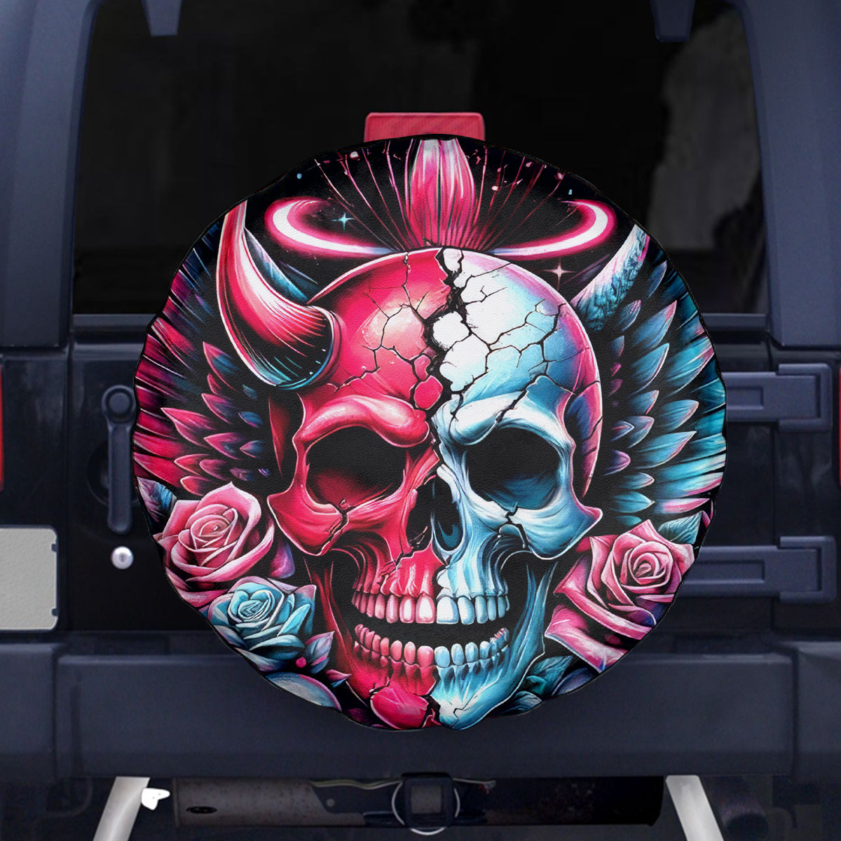 Couple Skull Spare Tire Cover She Was And Angel Craving Chaos Demon Seeking Peace - Wonder Print Shop