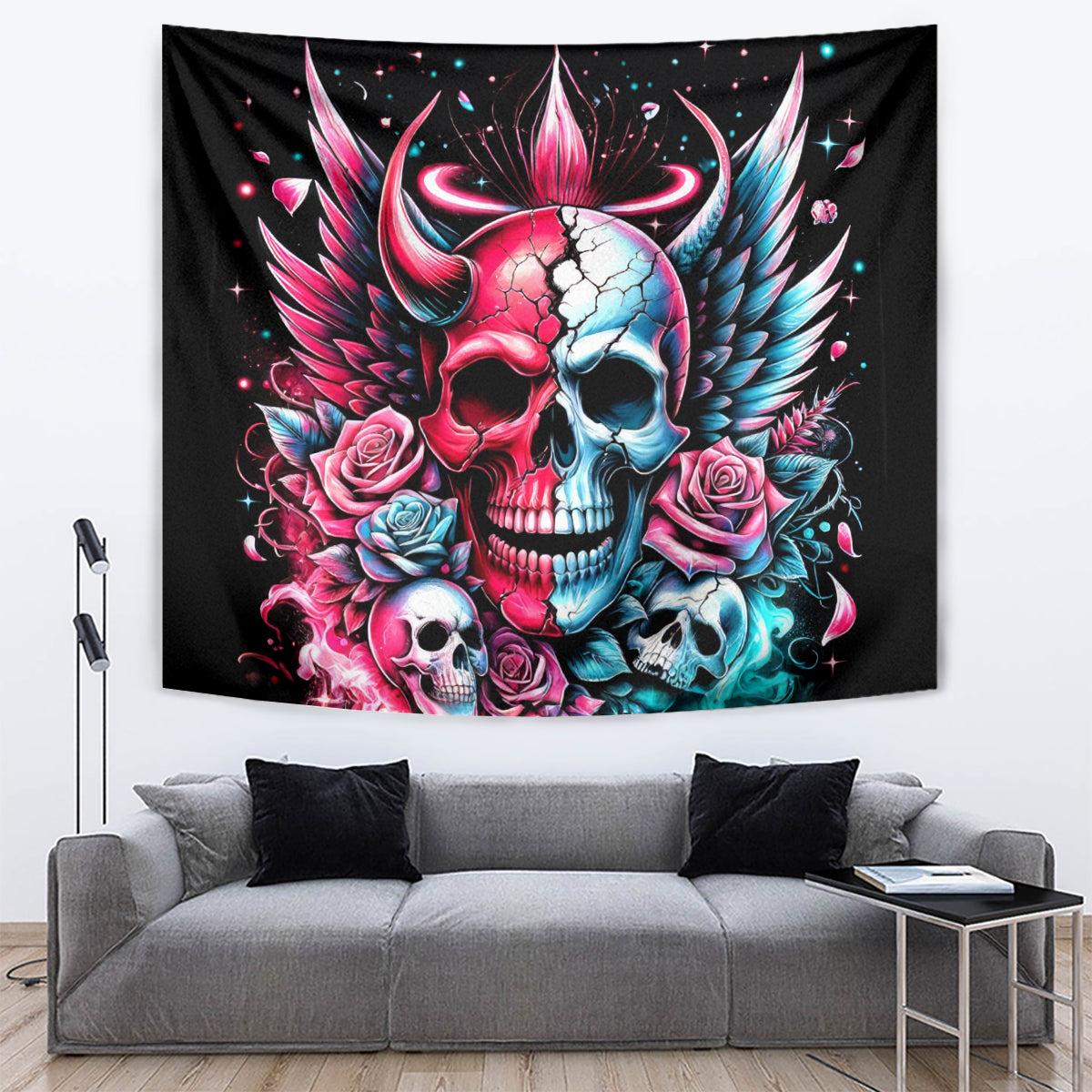 Couple Skull Tapestry She Was And Angel Craving Chaos Demon Seeking Peace - Wonder Print Shop