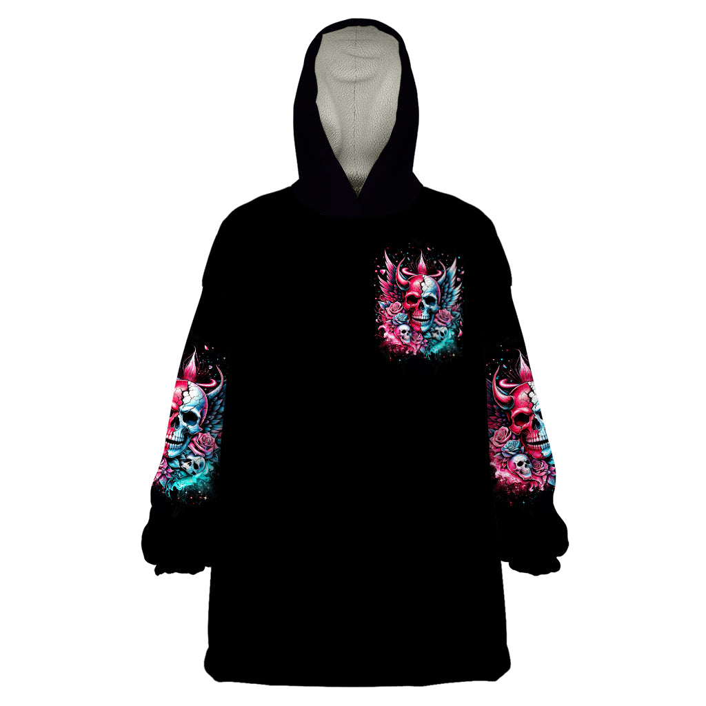 Couple Skull Wearable Blanket Hoodie She Was And Angel Craving Chaos Demon Seeking Peace - Wonder Print Shop