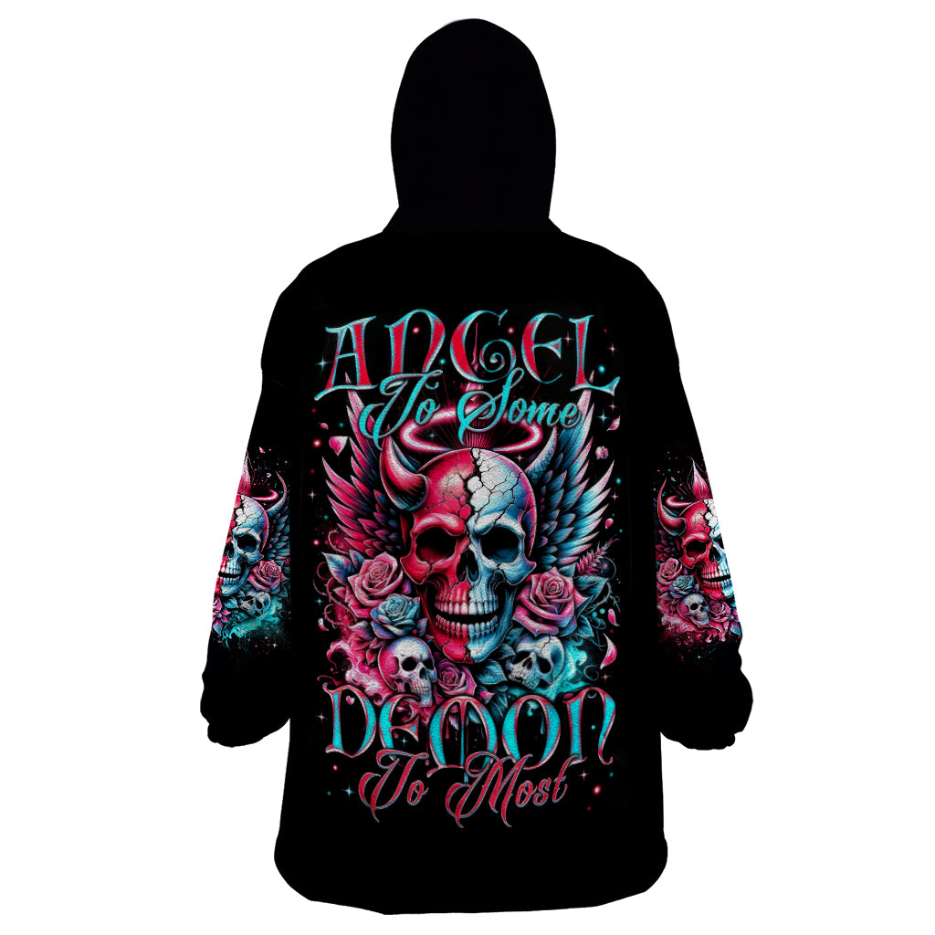 Couple Skull Wearable Blanket Hoodie She Was And Angel Craving Chaos Demon Seeking Peace - Wonder Print Shop
