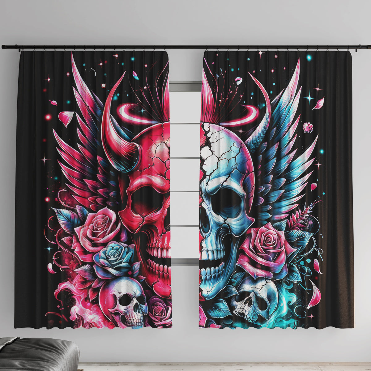 Couple Skull Window Curtain She Was And Angel Craving Chaos Demon Seeking Peace - Wonder Print Shop