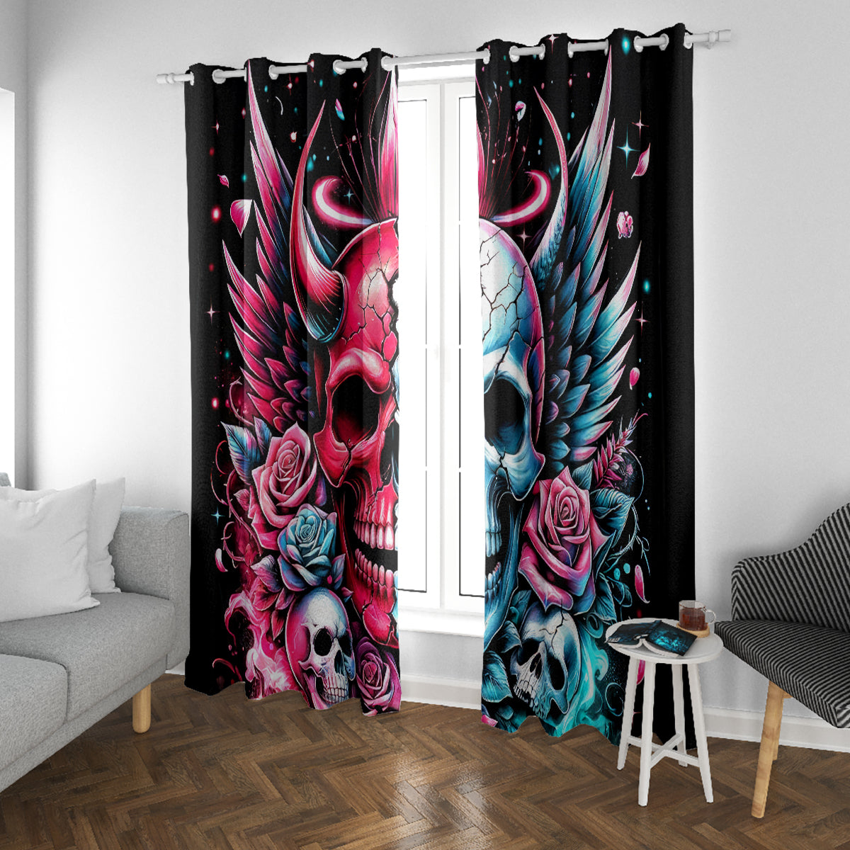 Couple Skull Window Curtain She Was And Angel Craving Chaos Demon Seeking Peace - Wonder Print Shop