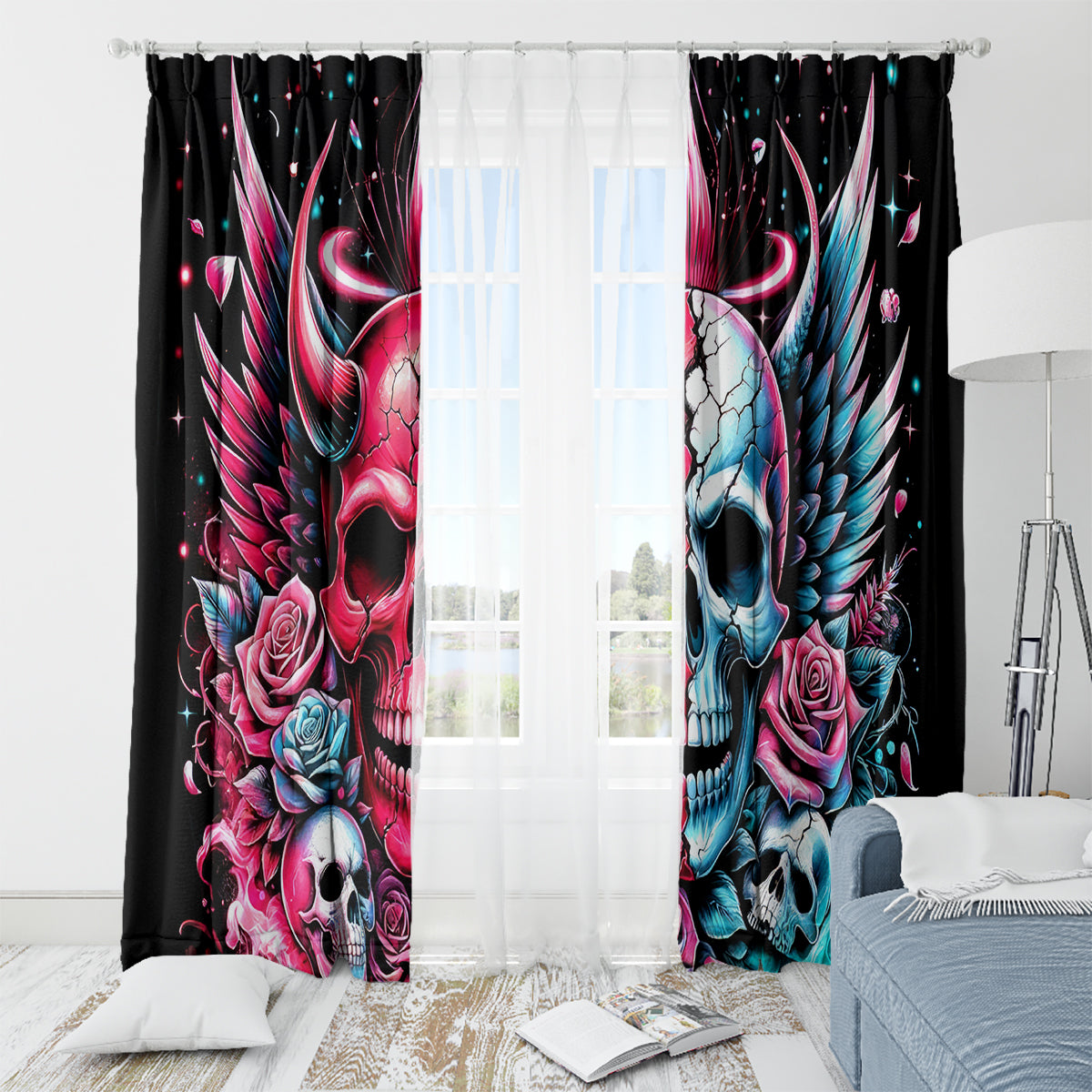 Couple Skull Window Curtain She Was And Angel Craving Chaos Demon Seeking Peace - Wonder Print Shop