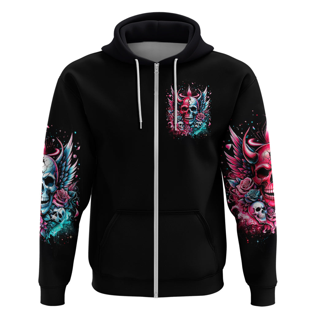 Couple Skull Zip Hoodie She Was And Angel Craving Chaos Demon Seeking Peace - Wonder Print Shop