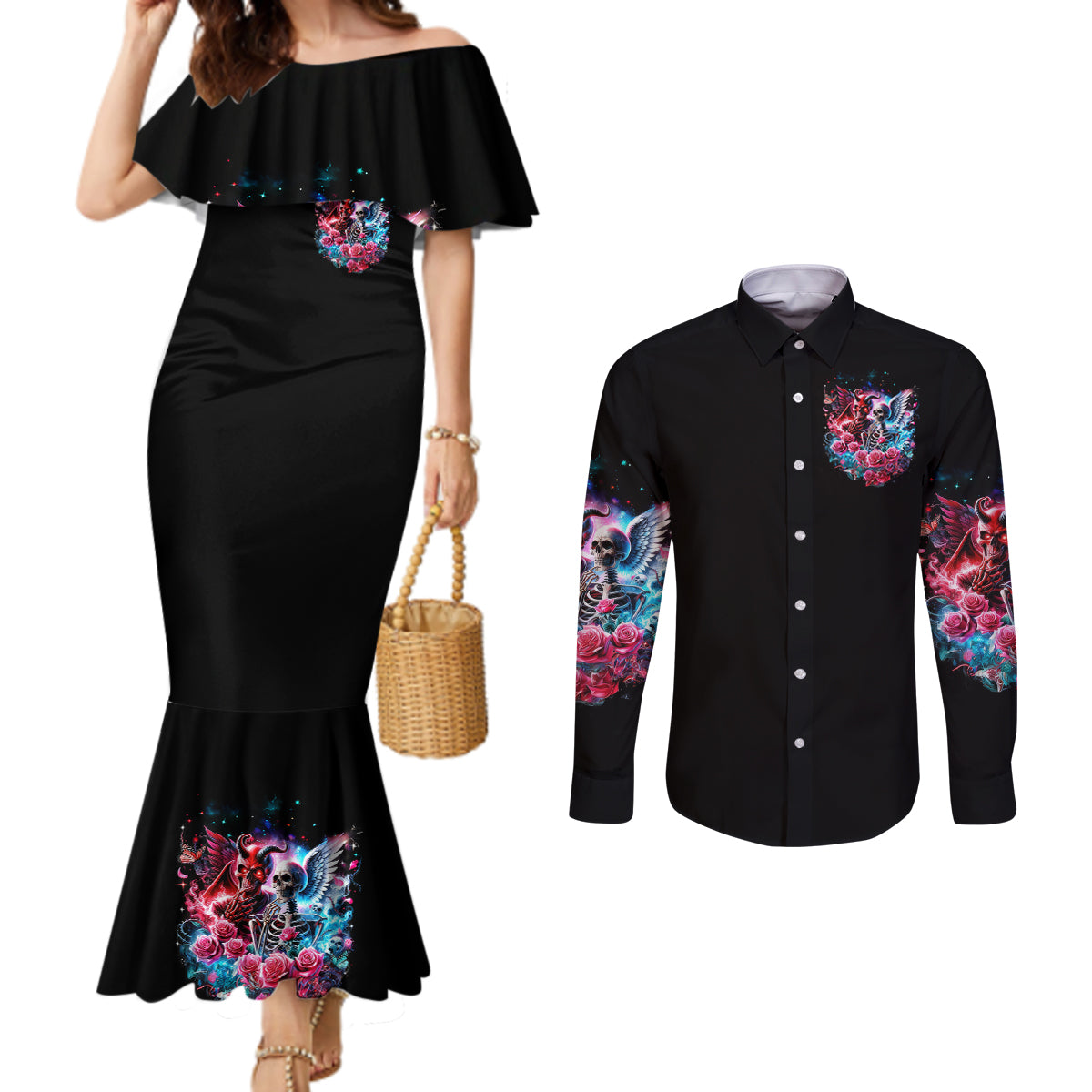 Flame Skull Couples Matching Mermaid Dress and Long Sleeve Button Shirt I'm Not Anti Social I'm Just Not User Friendly