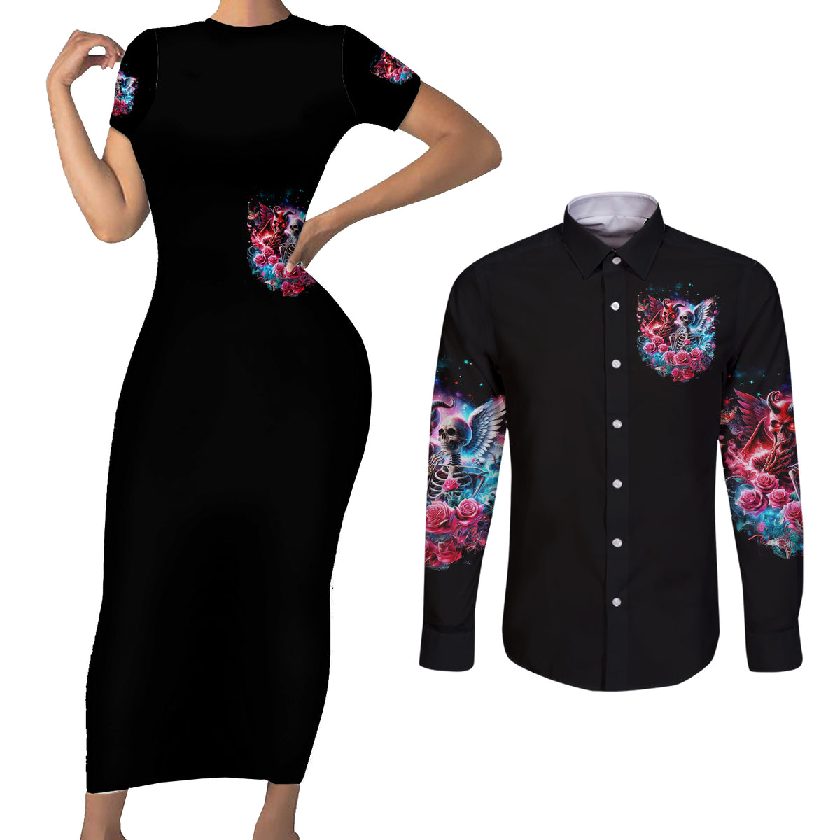 Flame Skull Couples Matching Short Sleeve Bodycon Dress and Long Sleeve Button Shirt I'm Not Anti Social I'm Just Not User Friendly - Wonder Print Shop