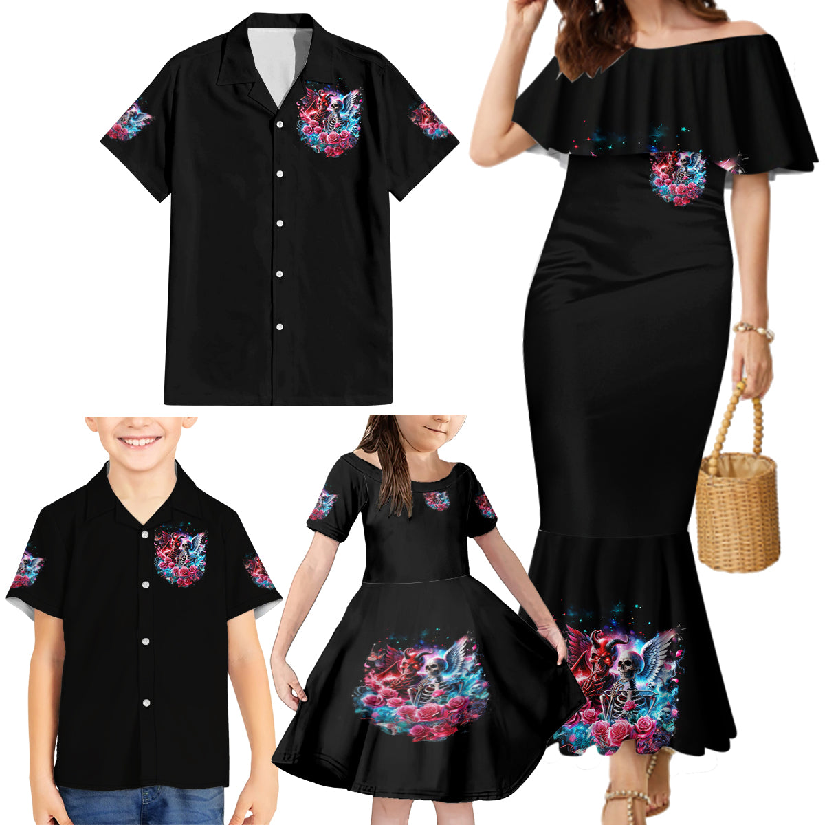 Flame Skull Family Matching Mermaid Dress and Hawaiian Shirt I'm Not Anti Social I'm Just Not User Friendly - Wonder Print Shop