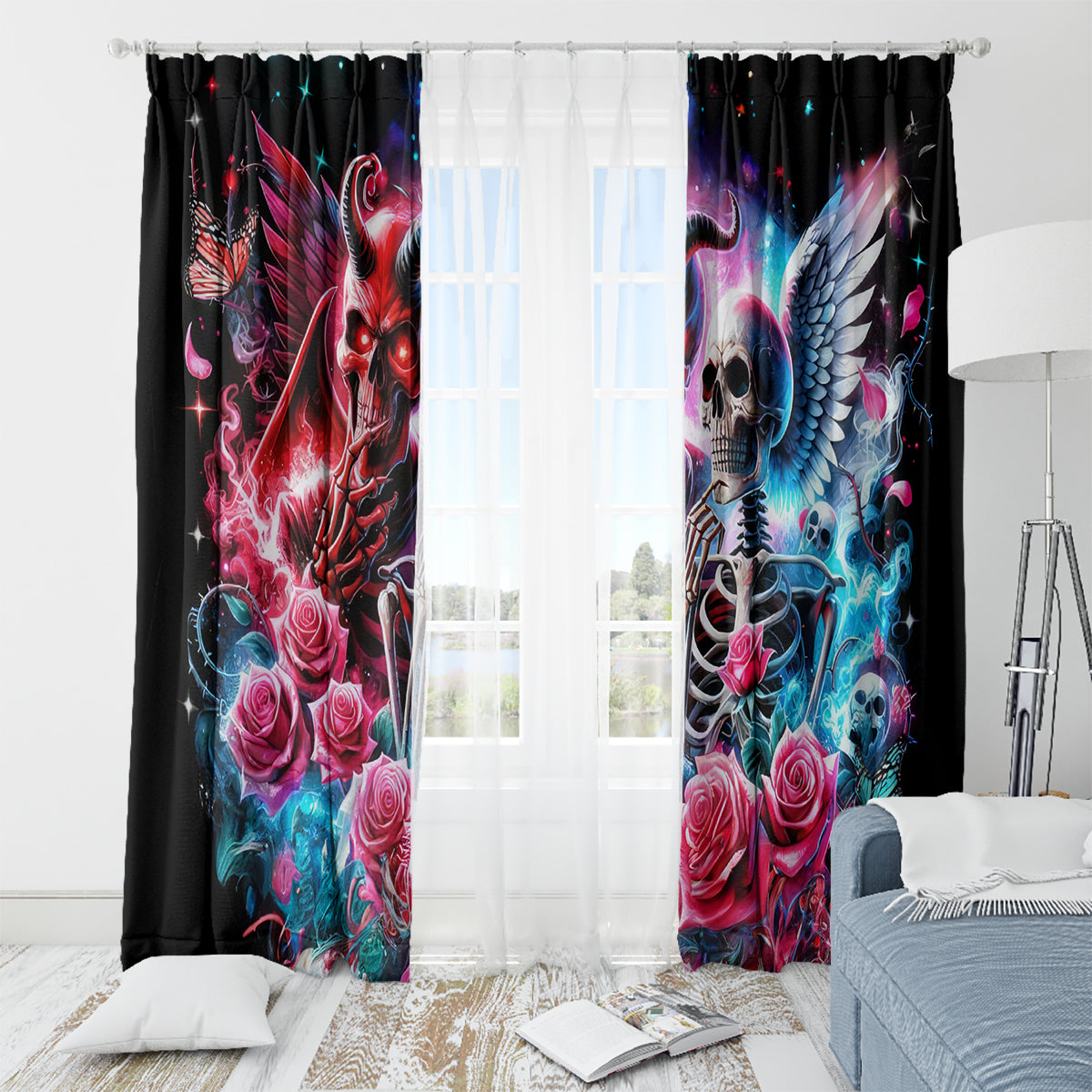 Flame Skull Window Curtain I'm Not Anti Social I'm Just Not User Friendly - Wonder Print Shop